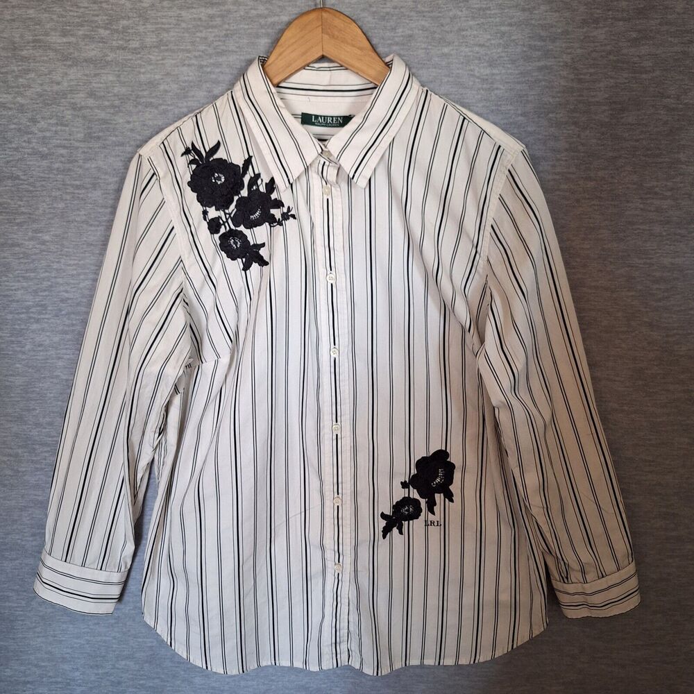 Lauren By Ralph Lauren Button Up Shirt Top Womens 1X Plus Embroidered Striped